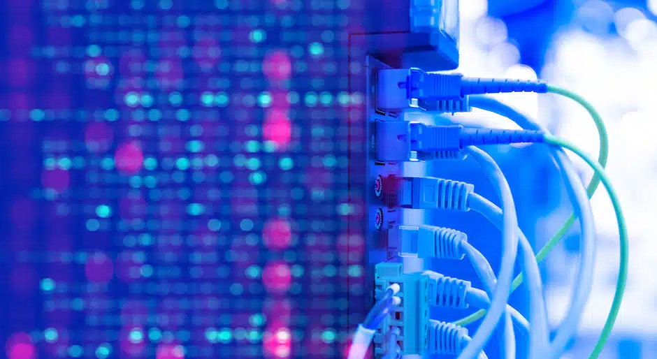 Network equipment. Wires connect equipment. Network hardware. Equipment for system administrator. Structured cabling systems. Network switch close up. Data storage and transmission. Server router